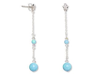 Design Idea Q B 2 5 - earrings have long silver chain with a small light blue gemstone bead halfway down and a larger light be round gemstone bead at the bottom