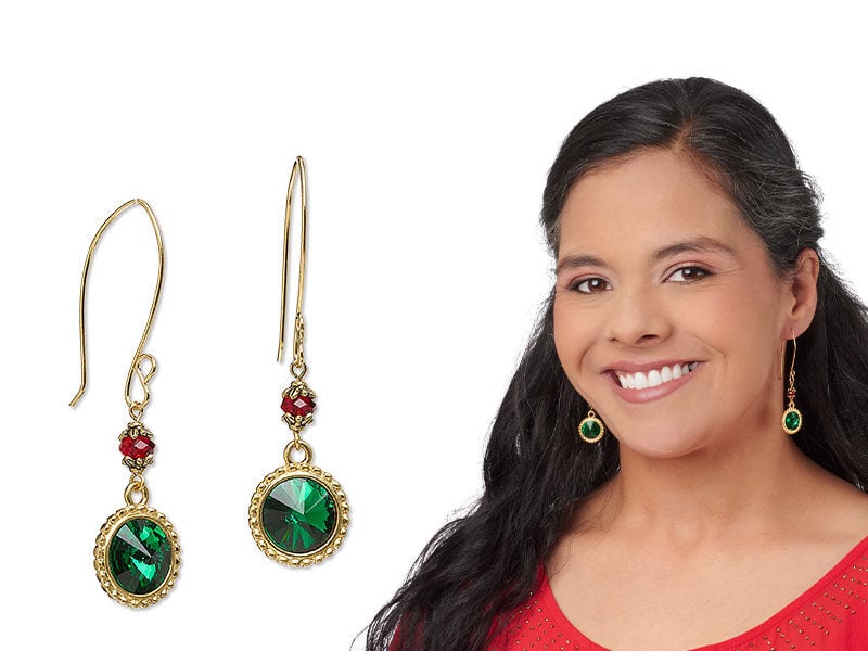 Model wearing earrings made with almost instant jewelry