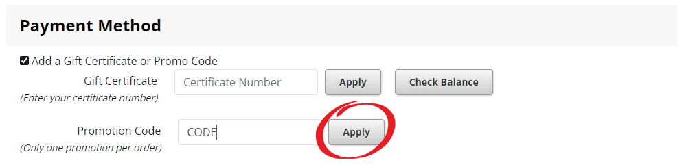 Step 2 Screenshot: Enter your promotion code and click Apply to apply it to your order