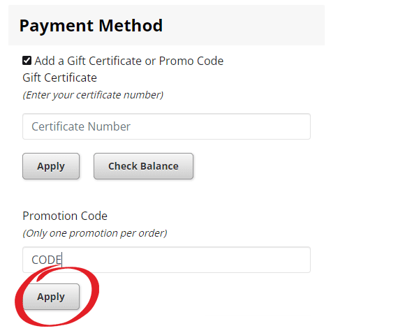 Step 2 Screenshot: Enter your promotion code and click Apply to apply it to your order