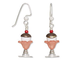 Design Idea N H 4 W - Silvery fishhook ear wires each hold beads to depict a hot fudge sundae in a pink and silvery bowl