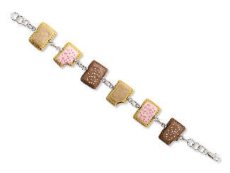 Design Idea N H 5 X - Silvery chain bracelet has six polymer clay pop tarts along its length, and three of them are missing a bite!
