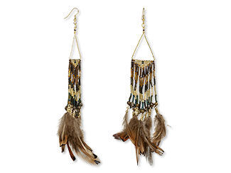 Design Idea P J 2 B - Earrings have a metal triangle at the top. Multiple strands of neutral-hued seed beads with feathers at the bottom hang from the base of the triangle.