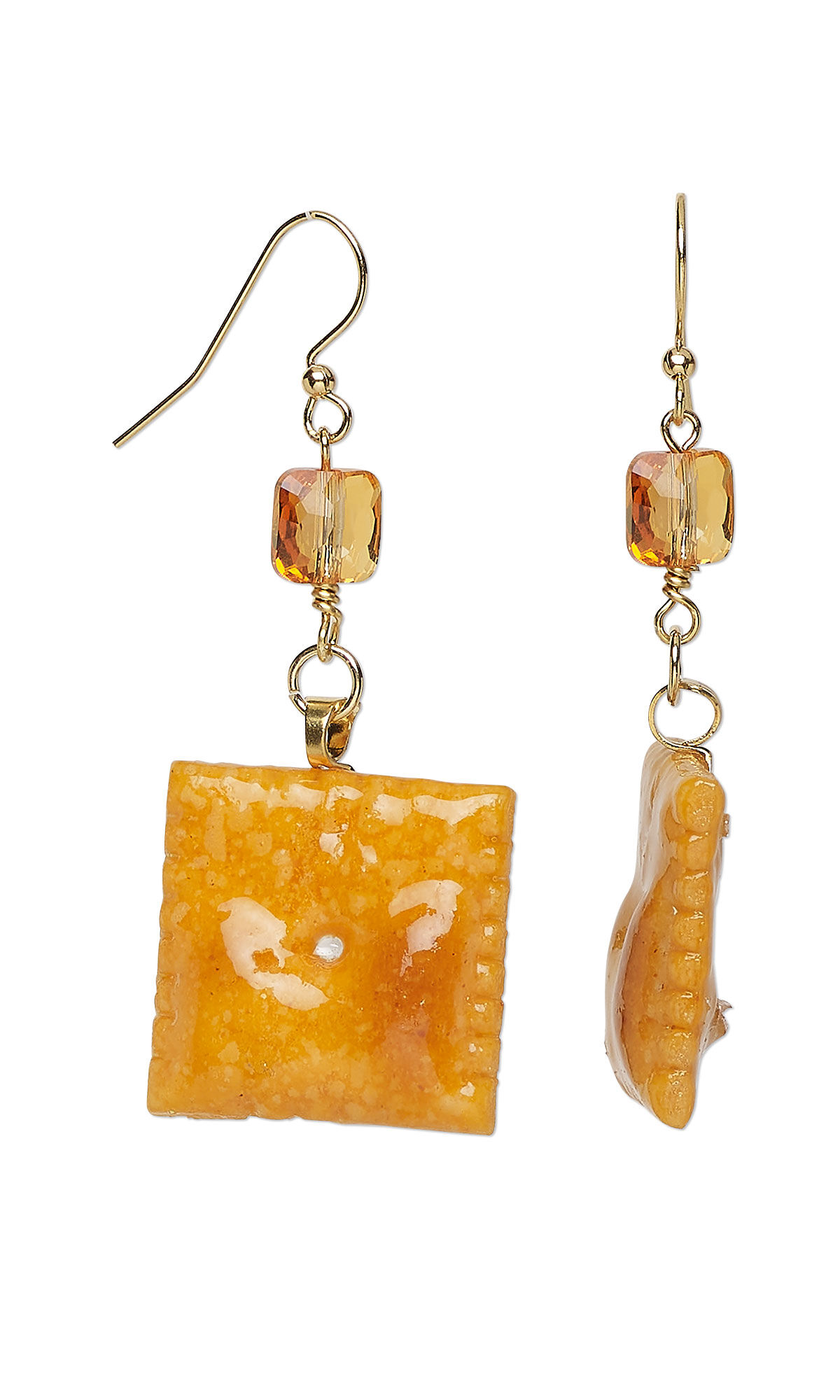 Design Idea S J 2 8 &ndash; gold-plated ear wires hold an orange square Crystal Passions&reg; bead and a square orange cracker preserved in resin.