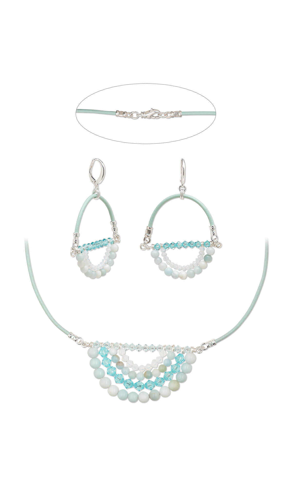 Design Idea P K 2 4 Necklace and Earring set with Amazonite Gemstone Beads, Crystal Passions Beads and leather cord