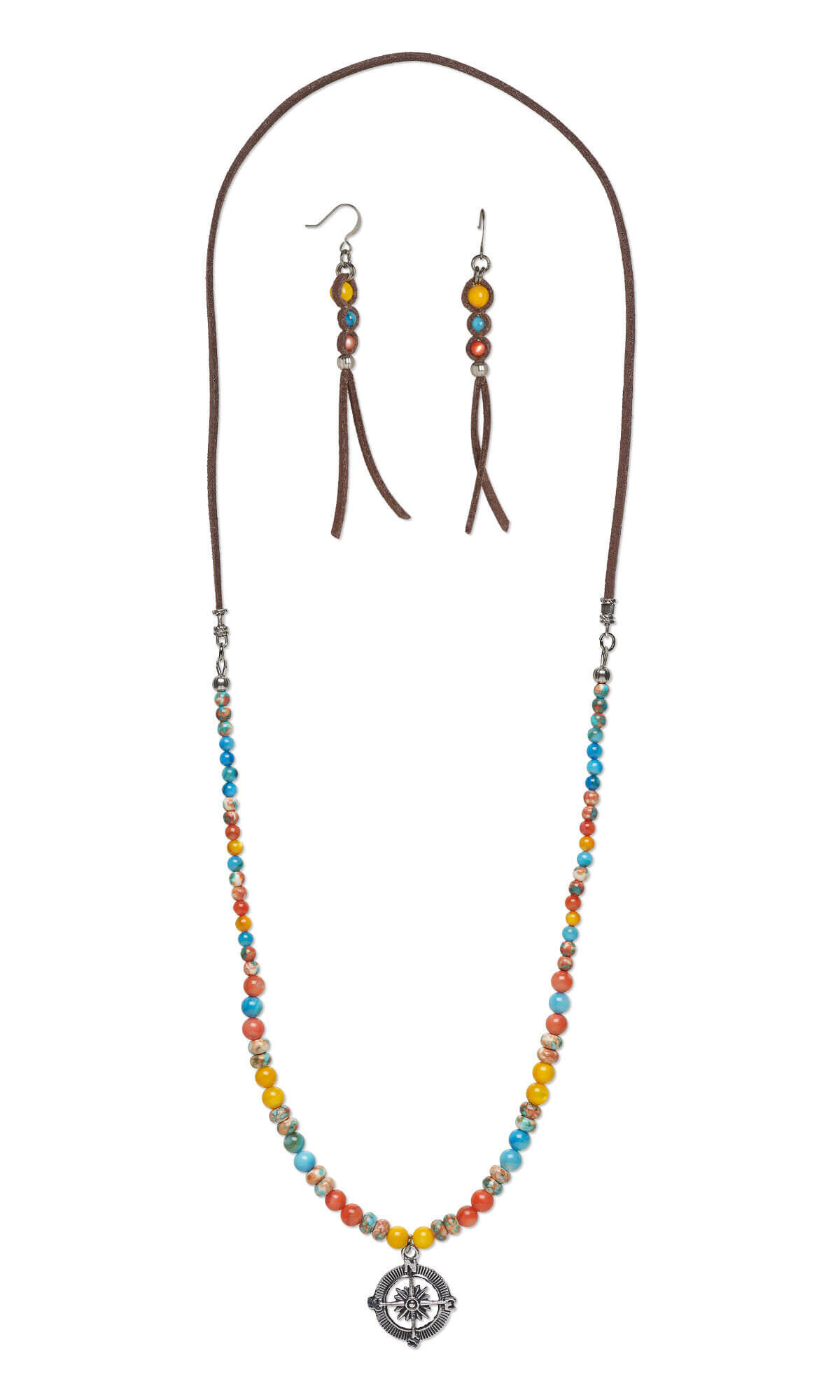 Design Idea P J 2 V Single-Strand Necklace and Earrings Set with Pewter Charm, Freshwater Pearl Shell Beads and Ceramic Beads