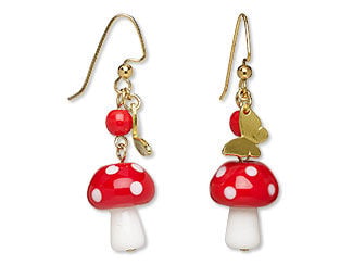 Design Idea Q J 2 8 - Earrings feature red and white glass mushrooms with tiny gold butterflies and a red bead.