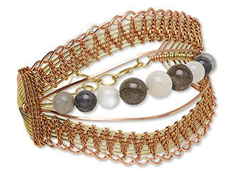Design Idea L 2 3 F - Intricate gold-toned wireworked cuff bracelet with white and gray round gemstones.