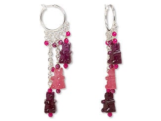 Design Idea P D 3 G - Silvery hoop earrings each have brown and pink gummy bear components hanging from silvery chain.