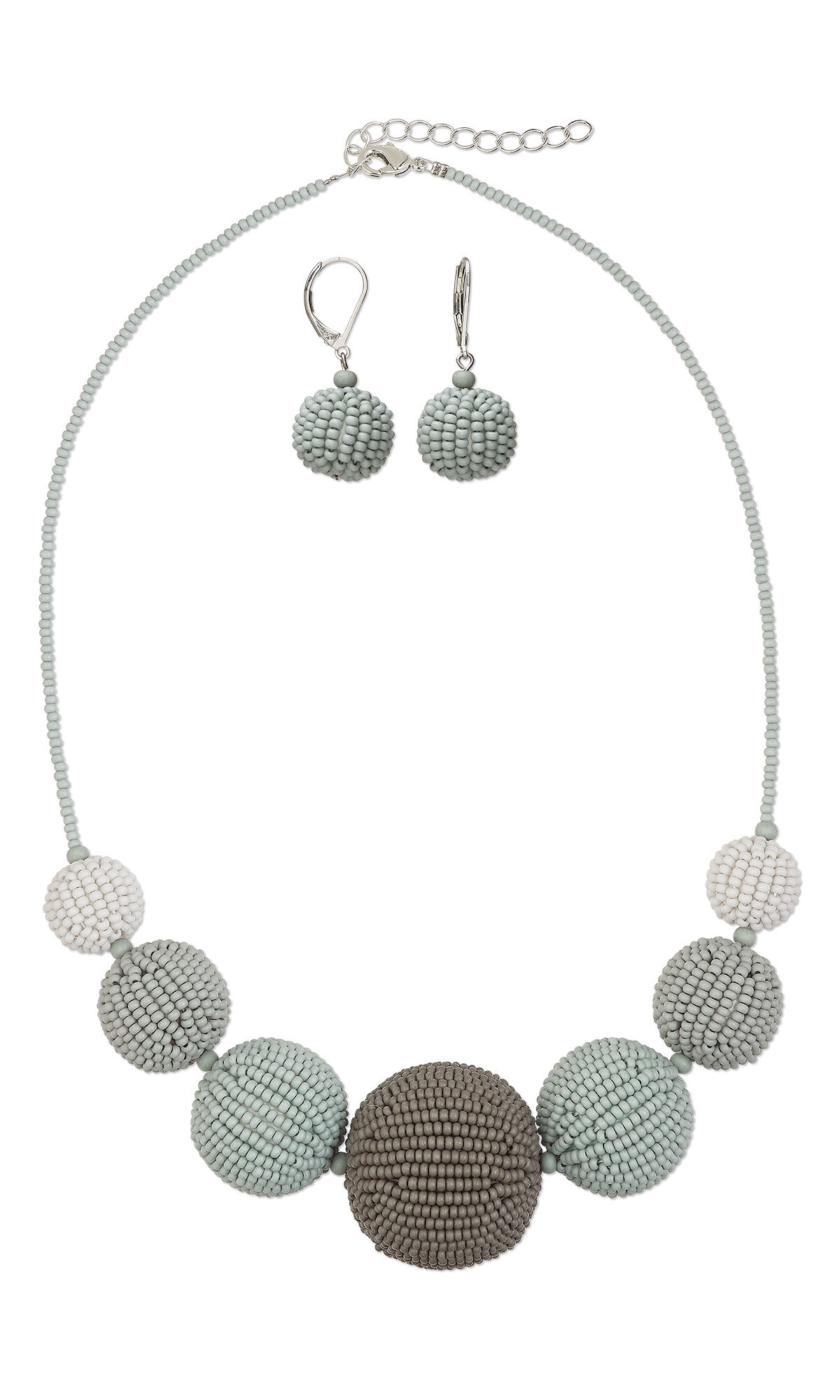 Design Idea S K 2 G &ndash; Grey seed-beaded necklace has seven seed-beaded spheres of graduated sizes, with the largest at the center. Silvery leverback earrings have a single light grey sphere.