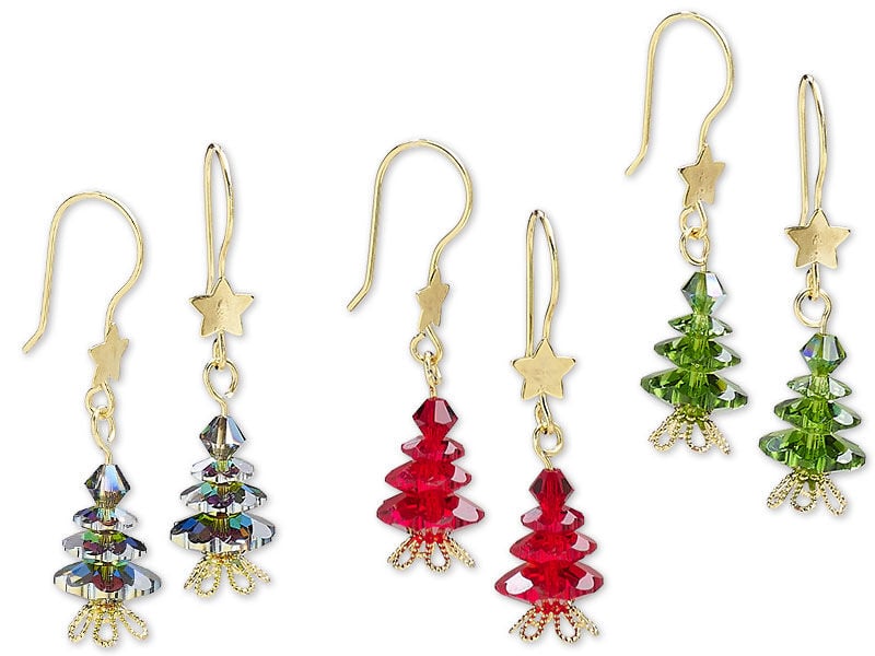 Three different classic christmas tree earrings made with margarita beads