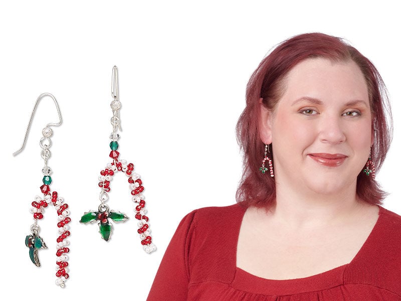 model wearing earrings made with miyuki seed beads