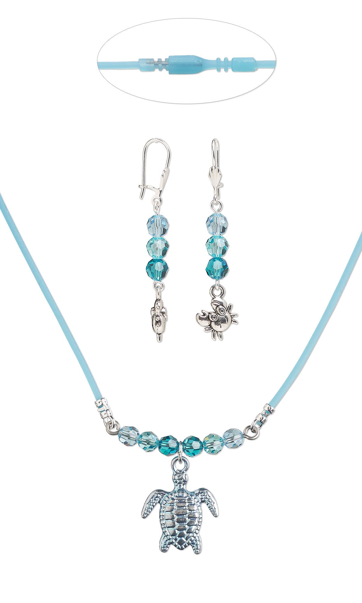 Cord necklace with blue crystal beads and turtle charm, and earrings with crystal beads and crab charms