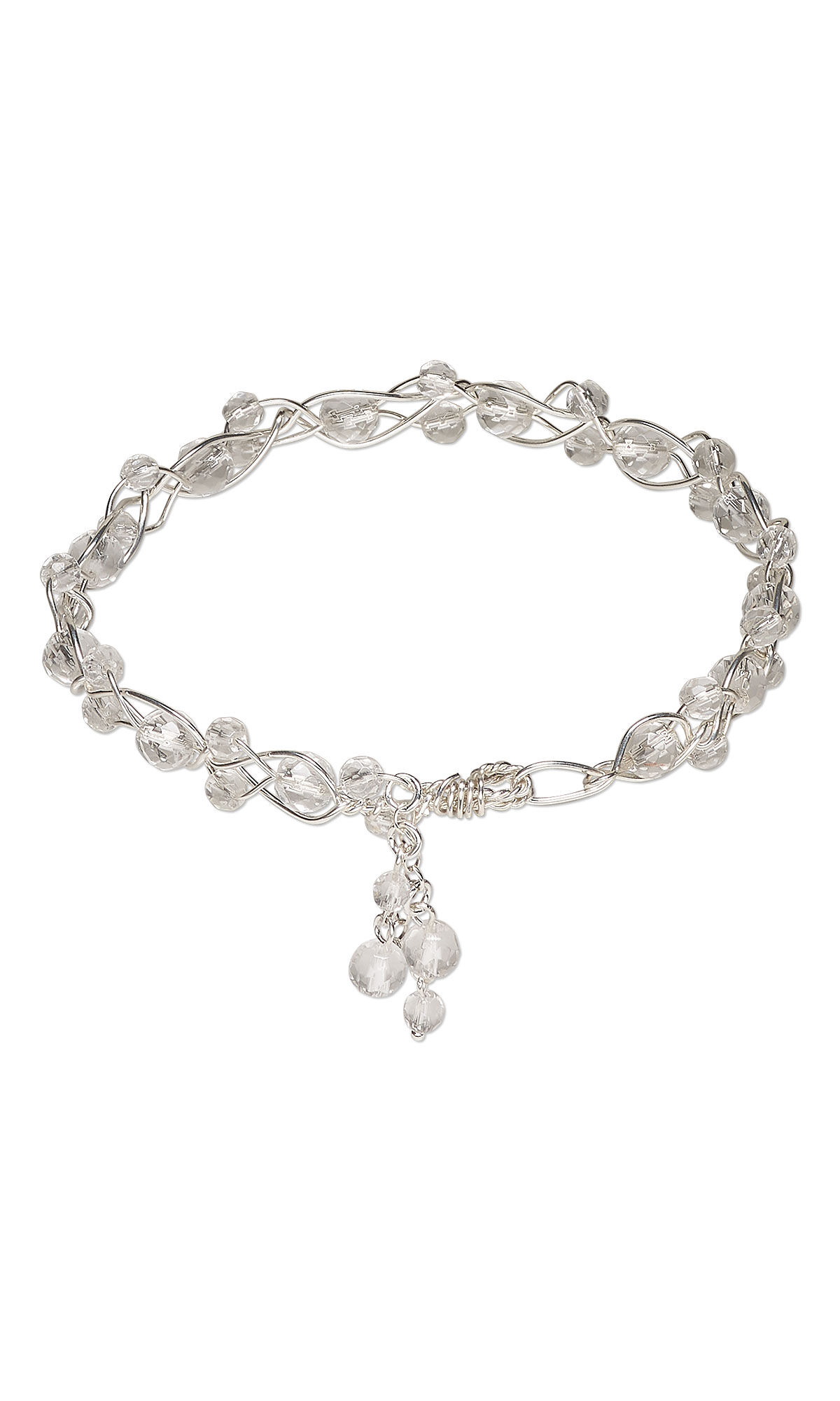 Design Idea R A 2 3 - A clear beaded wire bracelet features a woven silver design and a small dangling charm of clear beads