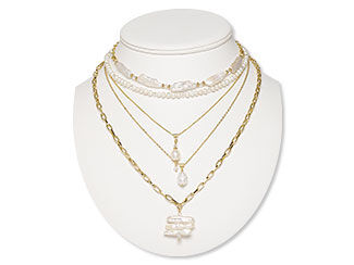 Design Idea N C 2 7 - Five necklaces are layered to create a contemporary gold and pearl set. Two necklaces feature strands of differently shaped pearls; the other three necklaces feature pearl pendants.