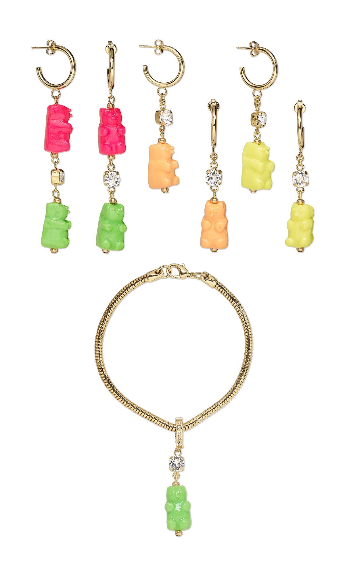 Design Idea S E 2 B, a gummy bear-inspired jewelry set featuring colorful polymer clay gummy bear charms in bright pink, green, yellow and peach tones, accented with crystal chatons, gold-plated brass findings and a coordinating snake-chain bracelet.
