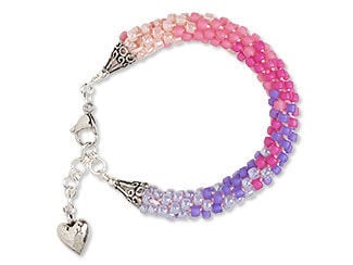 Design Idea M N 2 G - Pink and purple seed-beaded bracelet with silvery conical end caps and a heart charm
