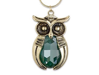 Design Idea Q J 4 G - Golden owl pendant hangs from silver chain. His belly is a green faceted cabochon.