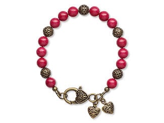 Beaded bracelet with dyed red howlite beads and copper heart charms
