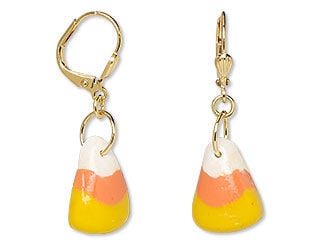 Design Idea P B 2 V - Golden leverback ear wires each hold a polymer clay candycorn