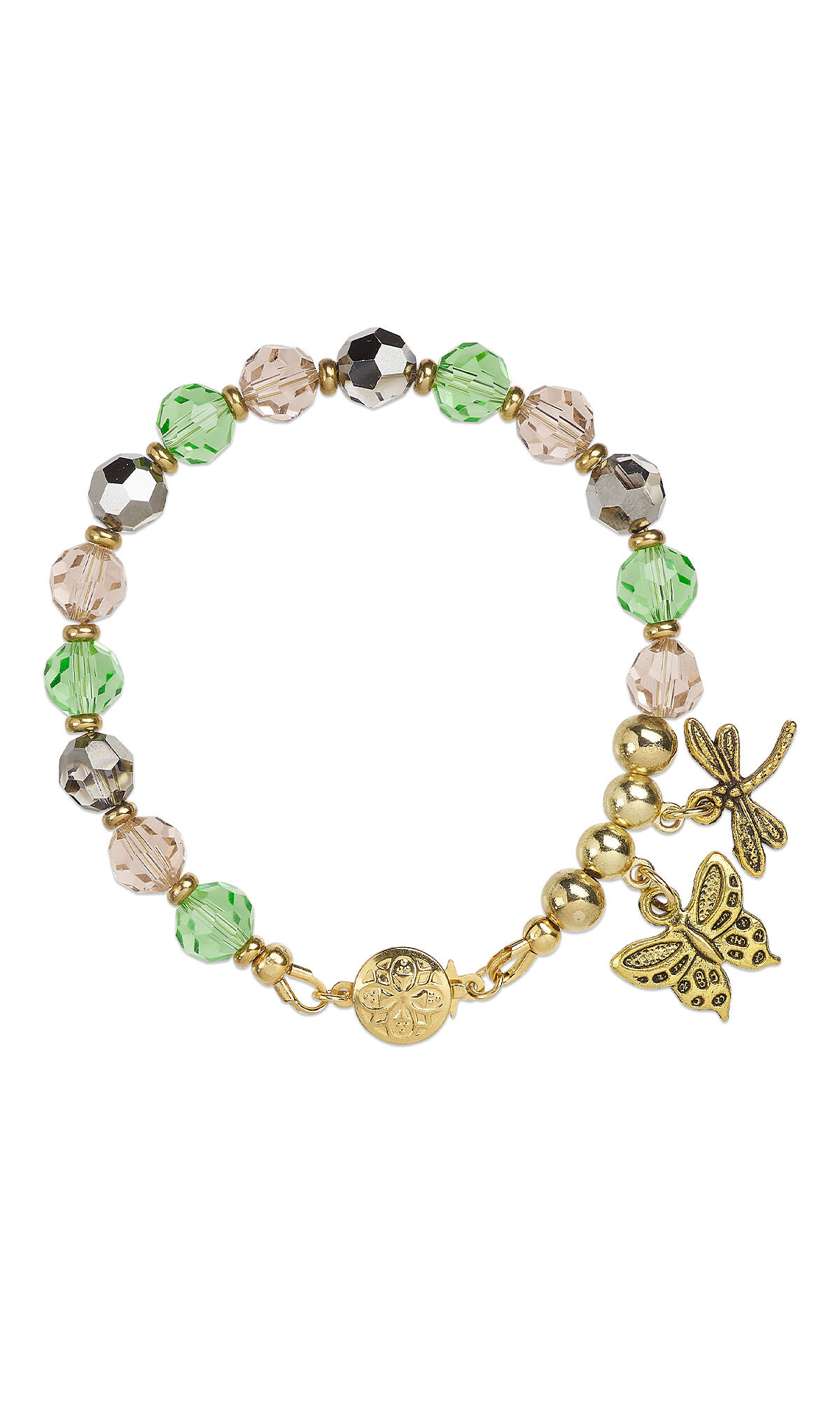 Bracelet with crystal beads and butterfly and dragonfly charms