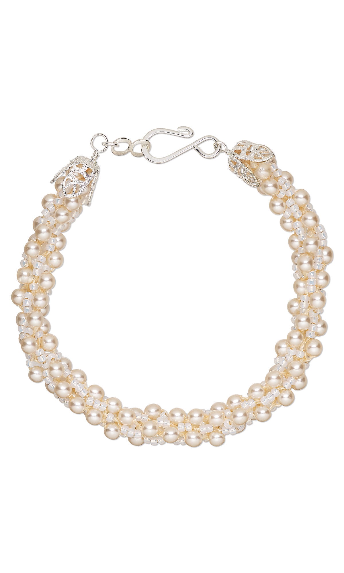 Braided kumihimo bracelet with pearl-coated glass beads and silver-lined seed beads, finished with silver-plated filigree bead caps and hook-and-eye clasp.