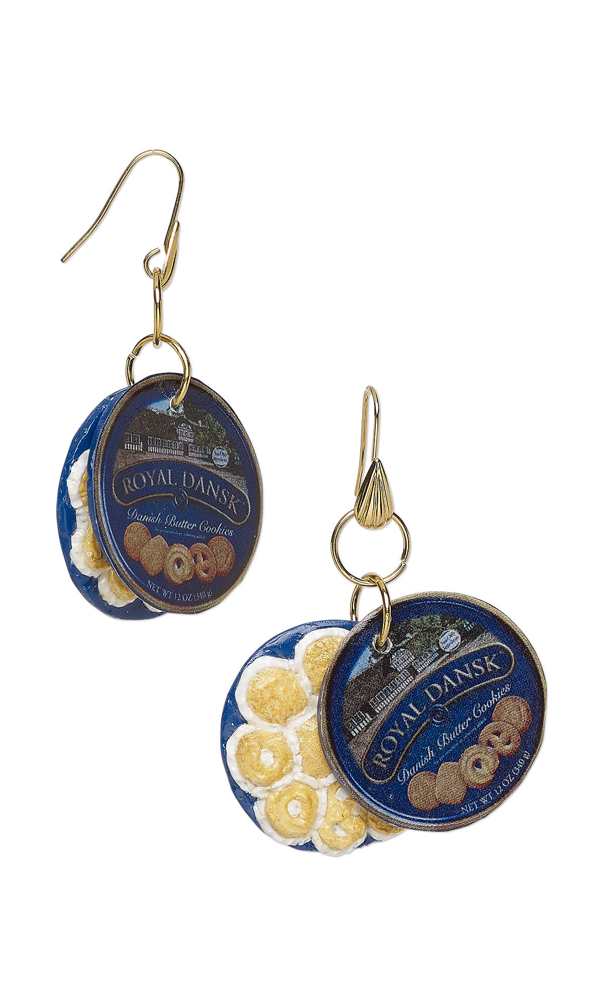 Design Idea S J 2 9 &ndash; Fishhook earrings have miniature round containers of Royal Dansk cookies as pendants. One earring shows the polymer clay cookies inside the container behind the lid component.