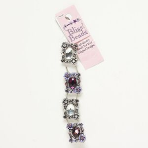 Bead assortment spacer "pewter" zinc-based alloy acrylic glass enamel 4pk 27x21mm 2-strand rectangle, antique silver finish multi-purple