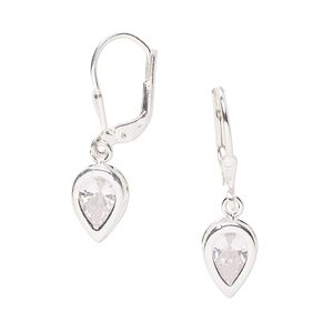Earring, Everday Jewelry, cubic zirconia and sterling silver, clear, 26mm with 8x6mm faceted pear and leverback ear wire. Sold per pair.