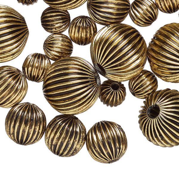 Bead mix 1pkg30 gold-finished "pewter", 14mm / 10mm / 7mm corrugated round, antique image number 0