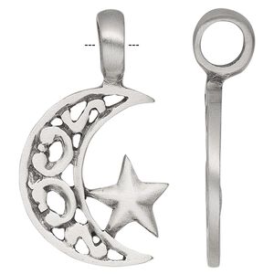 Pendant, Powerful Pewter Pendants, antiqued pewter (tin-based alloy), 41x24mm single-sided moon with star. Sold individually.