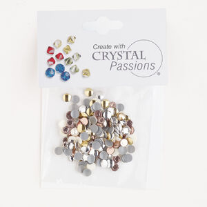 Flat back / rhinestud 1pkg200 mixed colors / mixed platings, Crystal Passions&reg; rhinestone / brass 3-4mm hotfix round / 4mm rose round SS12-SS16