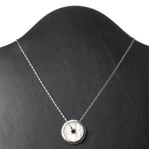 Necklace, Everyday Jewelry, crystals / mother-of-pearl shell (natural) / imitation rhodium-finished "pewter" (zinc-based alloy) 1pkg1, crystal clear, 27mm round donut, 16 inches with lobster claw clasp and 3-inch extender chain.