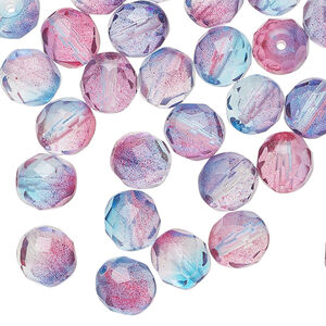 Bead 1pkg50, Czech fire-polished glass, red and blue, 8mm faceted round.