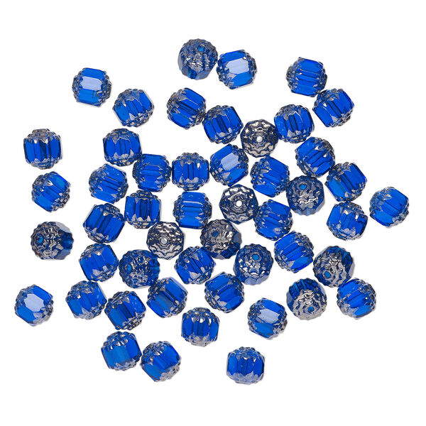 Bead 1pkg50 Czech glass, cobalt and metallic silver, 8mm round cathedral image number 1