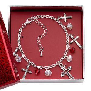 Bracelet, glass / silver-finished brass / steel / antique silver-finished "pewter" (zinc-based alloy), red and clear, cross, 7 inches with 2-inch extender chain and lobster claw clasp. Sold individually.