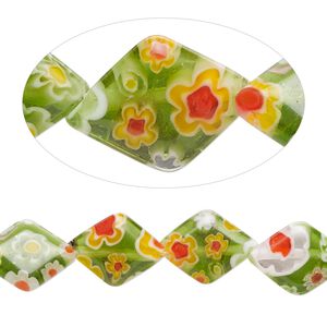 Bead, millefiori glass, translucent multicolored, 13x10mm puffed diamond. Sold per 15-inch strand, approximately 30 beads.