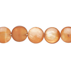 Mother-of-pearl shell 1pkg1, puffed flat round bead 15 inch burnt orange 9-11mm