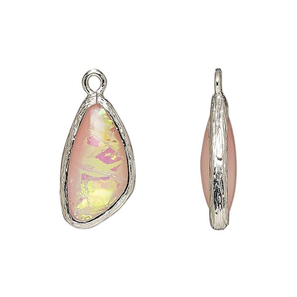 Drop, Opalized Ice&trade;, "opal" (resin) and imitation rhodium-finished brass, opaque light pink, 19.5x11mm double-sided wing. Sold per pkg of 4. image number 0