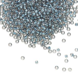 Seed bead, TOHO BEADS&reg;, glass, pkg/7.5g, #11 round, translucent metallic blue-lined crystal clear (TR-11-288).