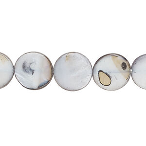 Mother-of-pearl shell 1pkg1, puffed flat round bead 15 inch light blue-grey 11-12mm