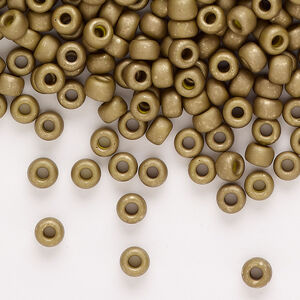 Seed bead, Miyuki, 1pkg250g, glass, #6 rocaille, opaque matte gold luster golden olive (RR-2032)