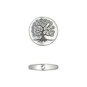 Bead 1pkg2 silver-plated pewter, 15mm flat round / tree of life, antique TierraCast&reg;