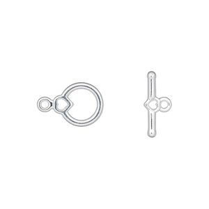 Clasp toggle 1pkg10 silver-plated "pewter" (zinc alloy), 10x9mm round with heart shape, 1-strand