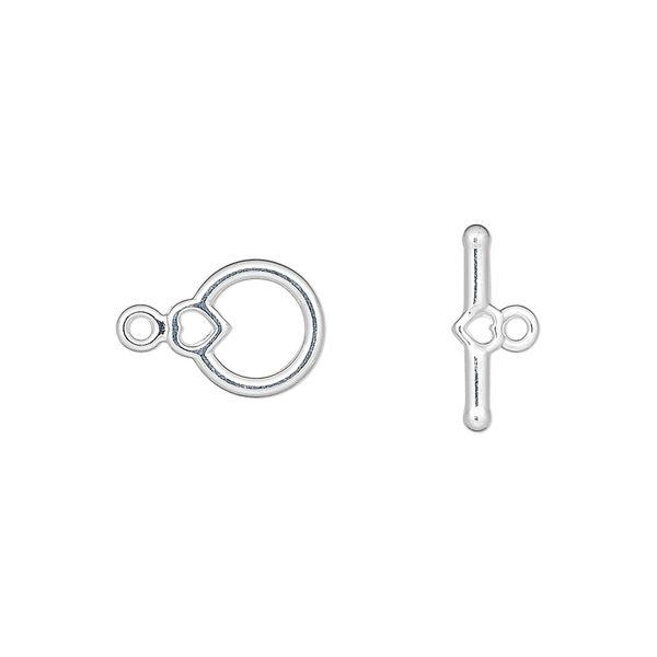 Clasp toggle 1pkg10 silver-plated "pewter" (zinc alloy), 10x9mm round with heart shape, 1-strand image number 0