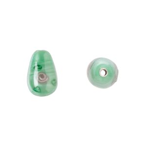 Bead, Czech lampworked glass, opaque green and pink, 12x8mm-13x9mm teardrop with flower design. Sold per pkg of 4.