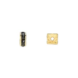 Bead 1pkg10 gold-finished, 6x3mm squaredelle, brass / black rhinestone