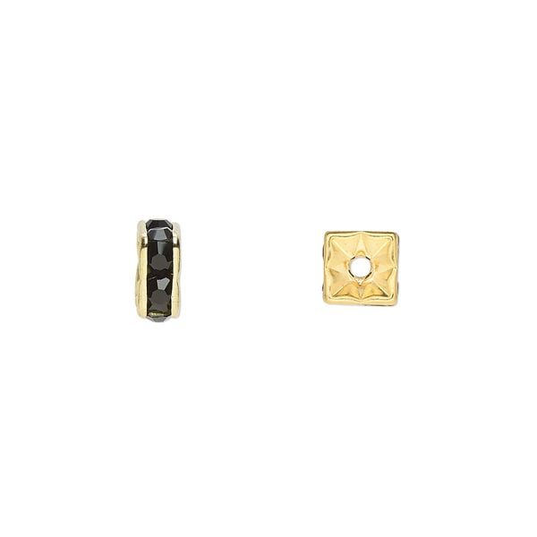 Bead 1pkg10 gold-finished, 6x3mm squaredelle, brass / black rhinestone image number 0