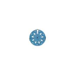 Drop, stainless steel, blue patina, 10mm single-sided domed round with flower mandala design. Sold per pkg of 8.