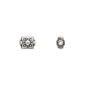 Bead 1pkg50 silver-plated "pewter", 8x6mm flat square tube / flower / 2sided, antique